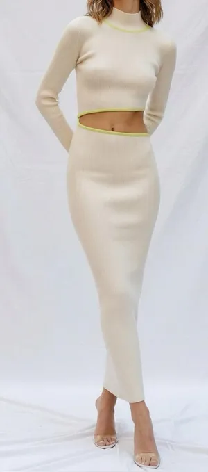 BAOBAB Kayda Cut-Out Long Sleeve Knit Maxi Dress, Vanilla/Lime, Large thumbnail 1