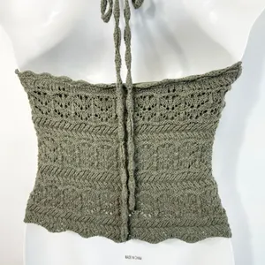 Abercrombie & Fitch XS Halter‎ Top Y2K VTG Crochet Olive Green Cotton Boho 1421 thumbnail 8