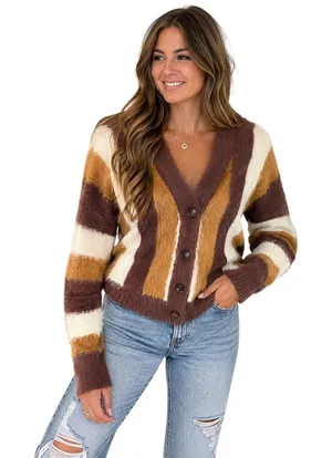 Industry Republic Clothing Women’s Large Fuzzy Striped Cardigan Brown Cream thumbnail 1