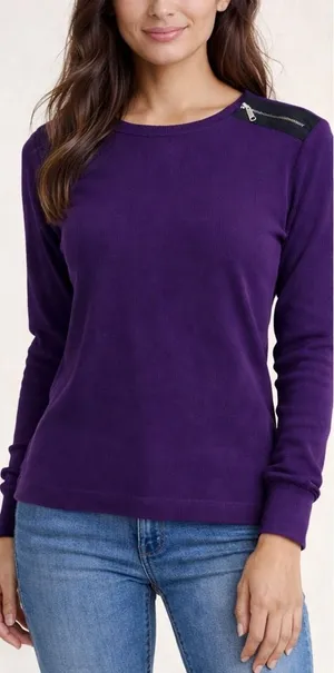Ralph Lauren Ribbed Long Sleeve Shirt Purple‎ Shoulder Zip Faux Leather Elbow Patches thumbnail 1