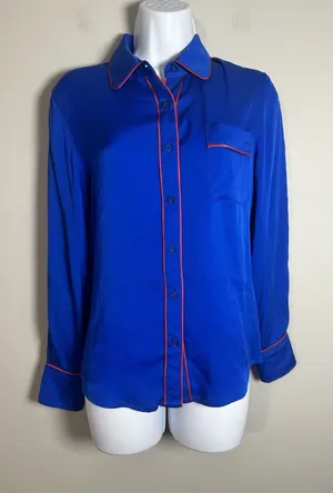 Piamita Cobalt Blue Silk Pajama Blouse with Red Piping - Size‎ XS thumbnail 1
