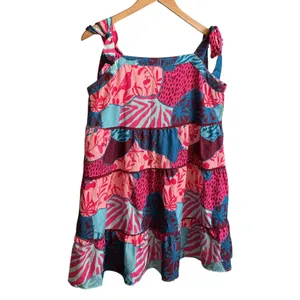 Umgee Womens Tropical Bird Print Tiered Mini Dress Pink Blue Tie Strap‎ Medium thumbnail 2