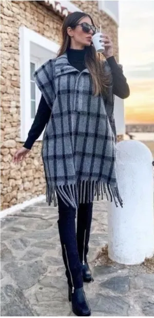 ZARA Plaid Wool Blend Oversized Poncho‎ Fringe Hem size XS thumbnail 1