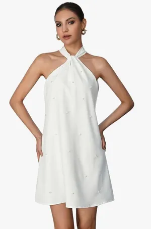 White Halter Neck Pearl Dress Size M thumbnail 1