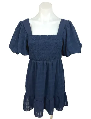 Midnight Doll Blue Smocked Square Neck Puff Sleeve A Line Mini Dress Size M thumbnail 1