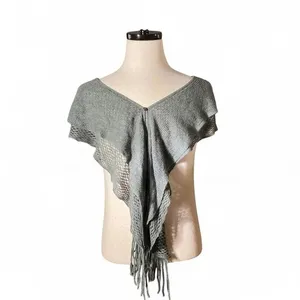 Chloé Boho Knit Fringe Poncho Wrap Women OS Gray Mesh Shawl Capelet V-Neck thumbnail 2