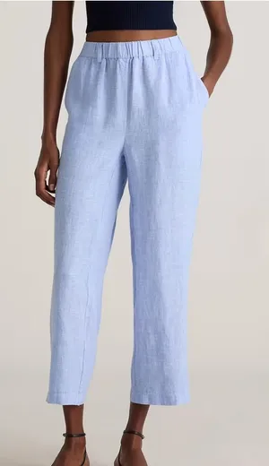 Quince French Blue 100% European Linen Straight Leg Elastic Waist Pants Sz L thumbnail 1