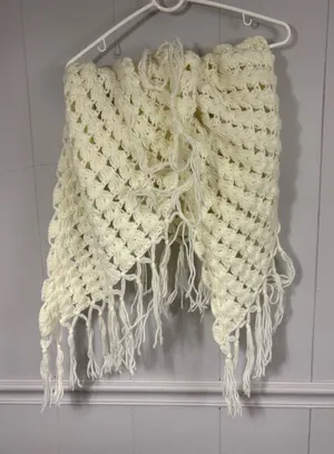 Cream Handmade Crochet Lacy Fringe Shall Scarf Wrap Boho Open Knit Cottagecore thumbnail 1