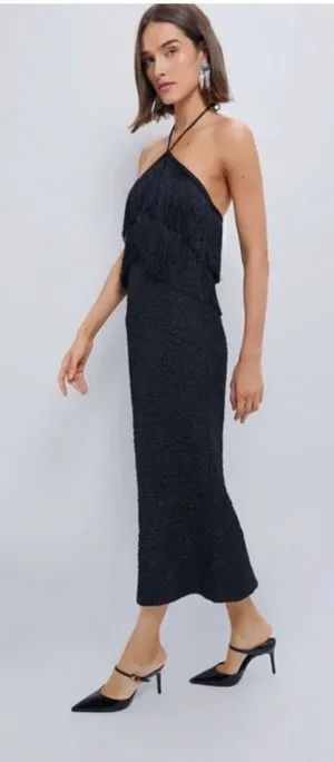 Tuckernuck Hyacinth House Black Halter Fringe Midi Dress Natalie size Small thumbnail 1