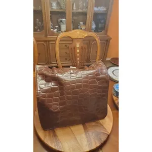 Ralph Lauren Signature Safari Embossed Tote Bag Brown Faux Leather LRG thumbnail 9