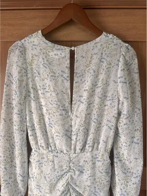 MABLE Ruffle Ivory / Blue Floral Puff Sleeve Rouched Mini Dress Women’s Small thumbnail 11