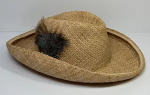Georgi Vintage Straw Cowboy Hat Tan Feather Accent Wide Brim Western Boho Unisex thumbnail 1