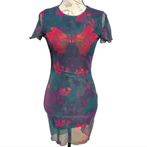 Shein Sheer Lined Butterfly Print Bodycon‎ Dress Short Sleeve Small thumbnail 2