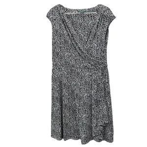 Ralph Lauren‎ Black White Sleeveless Swing Flare Faux Wrap Stretch Dress Size 16 thumbnail 2