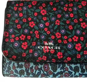 Coach trifold blue red floral coated leather wallet thumbnail 1