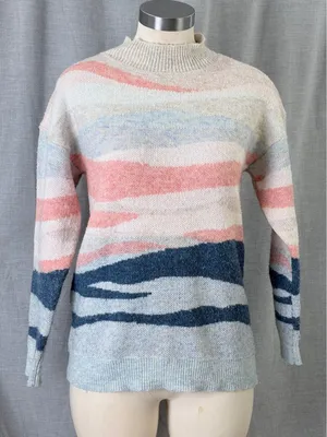 Monsoon Abstract Landscape Pastel Mock Neck Pullover‎ Sweater Pink Blue Small thumbnail 1