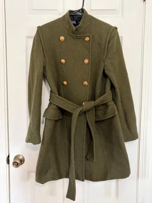 ZARA Olive Green Military Coat Gold Button Belted Preppy Academia Womens M thumbnail 2