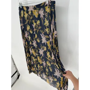 LOFT Pleated Maxi‎ Skirt XL Dusty Blue Yellow Floral Elastic Waist Accordion thumbnail 2