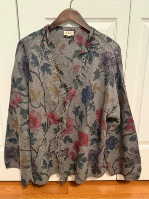 POL Floral Fringed Open Front Oversized Cardigan in Gray thumbnail 2
