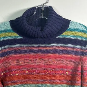 Rocket Candy Vintage Rainbow Striped Beaded Turtleneck Cropped Sweater Large thumbnail 3