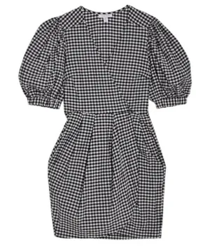 Topshop Black & White Gingham Puff Sleeve Wrap Mini Dress Size 6 thumbnail 1