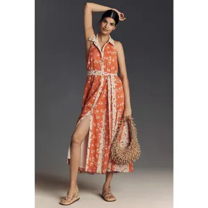 Anthropologie Maeve Halter Open-Back Godet Midi Shirt Dress Mixed Floral Boho thumbnail 3