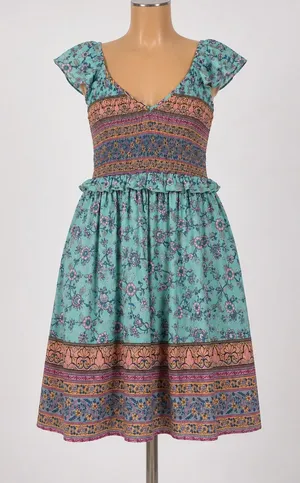 Teal Floral Smocked Midi Dress Womens‎ Medium Boho Flutter Sleeve Peasant V-Neck thumbnail 1