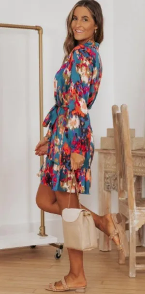 NEW Deep Turquoise Abstract Multicolor Print Belted Ruffle Satin Mini Dress thumbnail 6