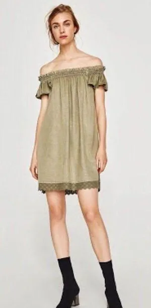 Smocked Off Shoulder Mini Dress - Army Green - S thumbnail 1