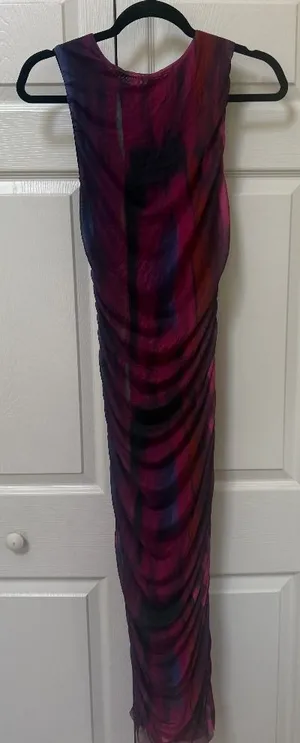 Purple Abstract Ruched Mesh Maxi Dress — Small thumbnail 1