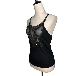 Black Sheer Mesh Embellished‎ Tank Top Boho Festival Goth Y2K Spaghetti Strap thumbnail 4