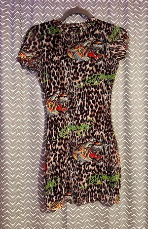 ED HARDY | Power Mesh Leopard Print Tiger Tattoo Mini Dress, XS thumbnail 1