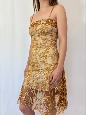 Gold Paisley Swirly Mesh Overlay Vintage Square Neck Formal Dress thumbnail 6