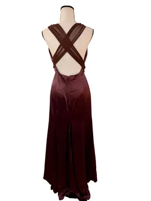 Vera Wang Vintage Brown Satin Plunge Open Back Evening Gown Dress 12 thumbnail 2