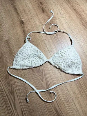 AERIE Crochet Triangle Bikini Top White Cream Tie String Size L thumbnail 1