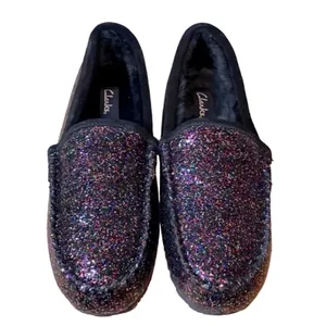 NWT Clarks Glitter Loafers Size 10M Sparkle Slip On Shoes‎ Faux Fur Lined thumbnail 2