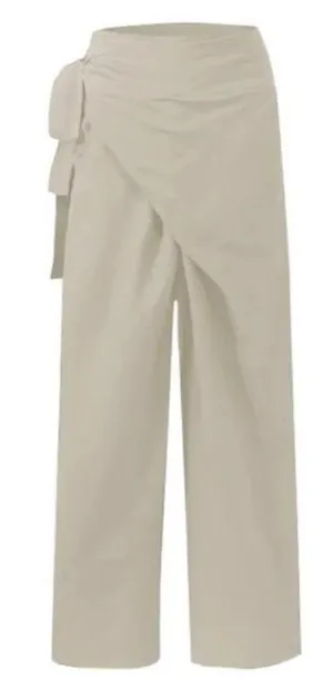 Celmia Wrap Front Wide Leg Pants Beige Breathable Cotton Size Large thumbnail 1