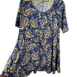 Boho Paisley Swing Dress Festival Cottagecore Soft Stretch Blue Yellow Women's L thumbnail 3