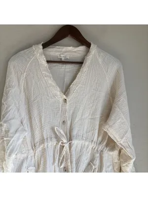 La Miel Womens Large Cream White Gauze Cotton Raw Hem Button Front Tunic Dress thumbnail 2
