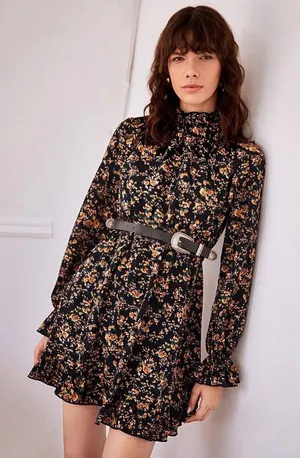 SheIn Black Floral Long Sleeve Mock Neck Smocked Waist Mini Dress XS Whimsical Gothic thumbnail 1