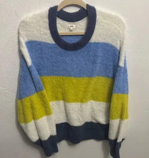 Aerie Blue and Yellow Crew Neck Sweater with Bold Stripes thumbnail 2