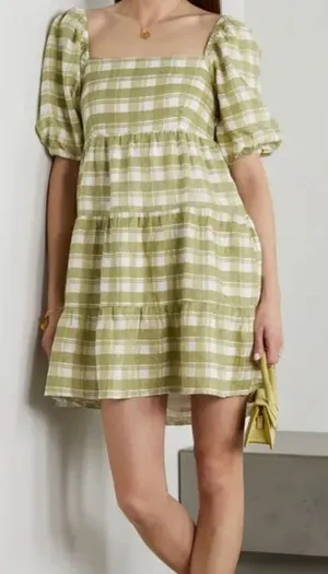 FAITHFULL THE BRAND Leilani Checkered Linen Mini‎ Dress Green Sz 6 thumbnail 1