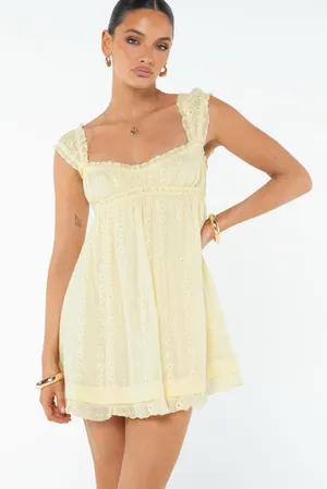 Altar'd State Pale Yellow Eyelet Ruffle Mini Dress thumbnail 1