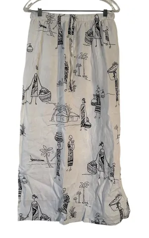 Hot Cotton‎ Marc Ware Linen Maxi Skirt L White Black Village Print Made in USA thumbnail 1