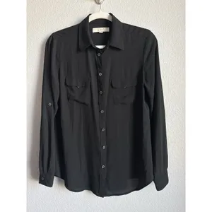 LOFT Black Utility Blouse Shirt Long Sleeve Roll Tab Button Down Pocket Top S thumbnail 3