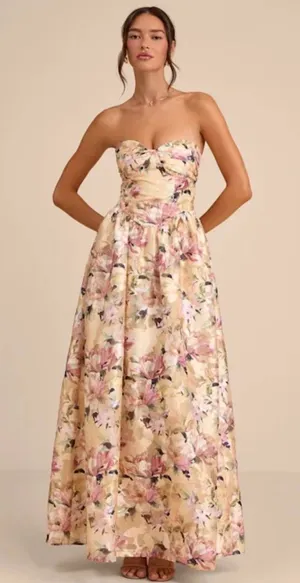 Lulu's Kathani Light Yellow Floral Jacquard Bustier Maxi Dress NWT Size S thumbnail 1