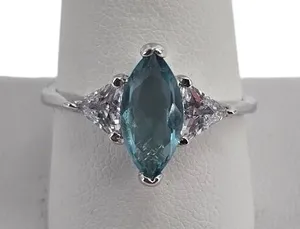 Ring Womens 10 Marquise Blue CZ Rhodium Electroplate Three-Stone NEW thumbnail 1