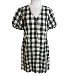 NWT Loft gingham check linen blend puff sleeve button down dress‎ Sz 6 petite thumbnail 4