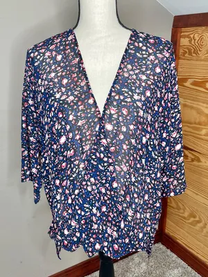 WAYF High Low Floral Faux Wrap Surplice Blouse Top Large 3/4 Sleeve Multicolor thumbnail 1