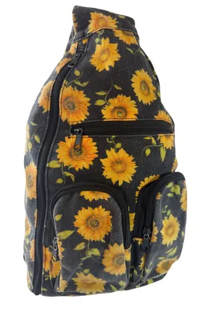 Sunflower Canvas Sling Backpack Black Yellow Floral Crossbody Shoulder Bag thumbnail 1
